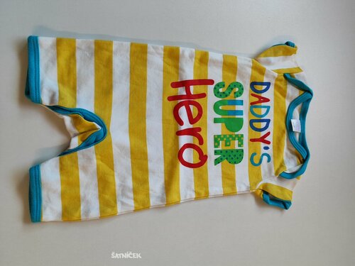 Overal pro kluky bílo-žluté pruhované s nápisem secondhand