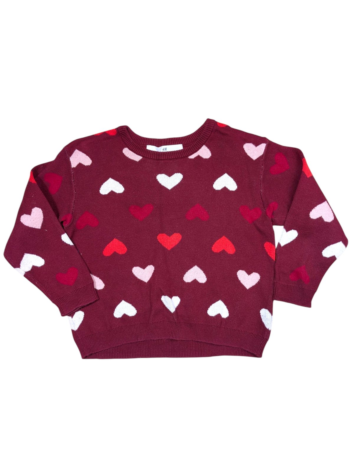 Červený svetr se srdíčky pro holky secondhand H&M